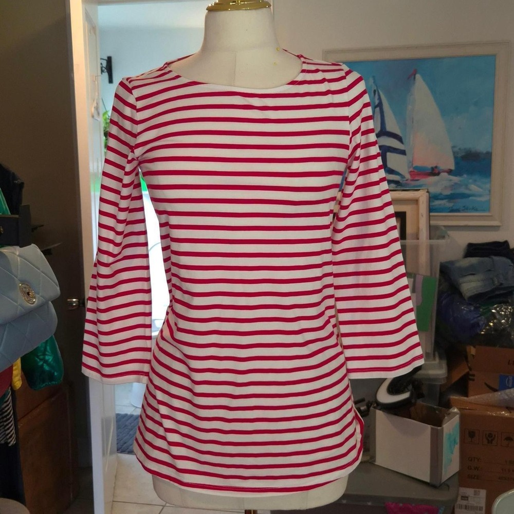 Tuckernuck Stripe Top Womens Small Red White Excellent 3/4 Sleeve Boat Neck